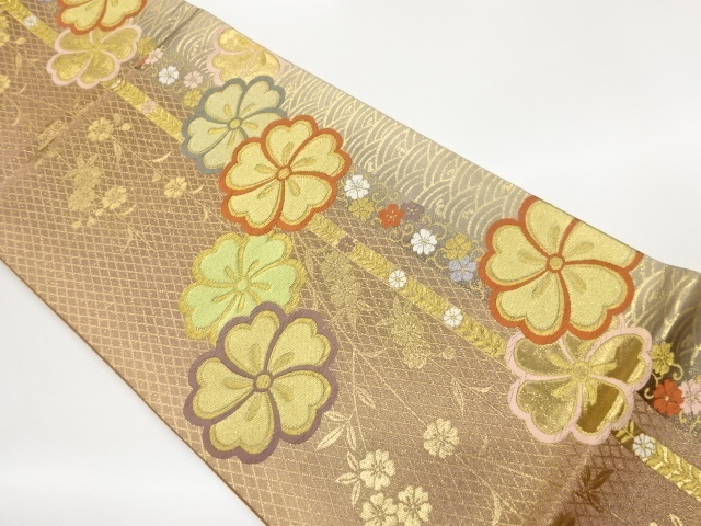 縞に枝垂れ桜・波模様織出し袋帯